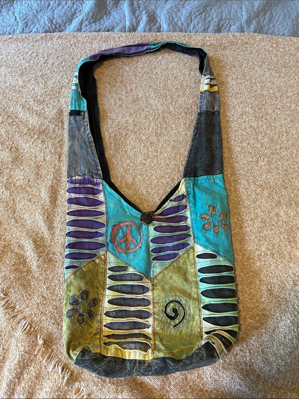Boho Patchwork Hippie Sling Bag - Teal, Grey, Purple, Olive